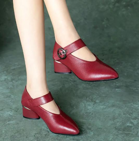 Fashion FHC Autumn Soft Leather Shoes Woman,Mum's Mid Heels,Women Pumps,Comfortable,Pointed Toe, Female Footware,Black,Red,Dropship