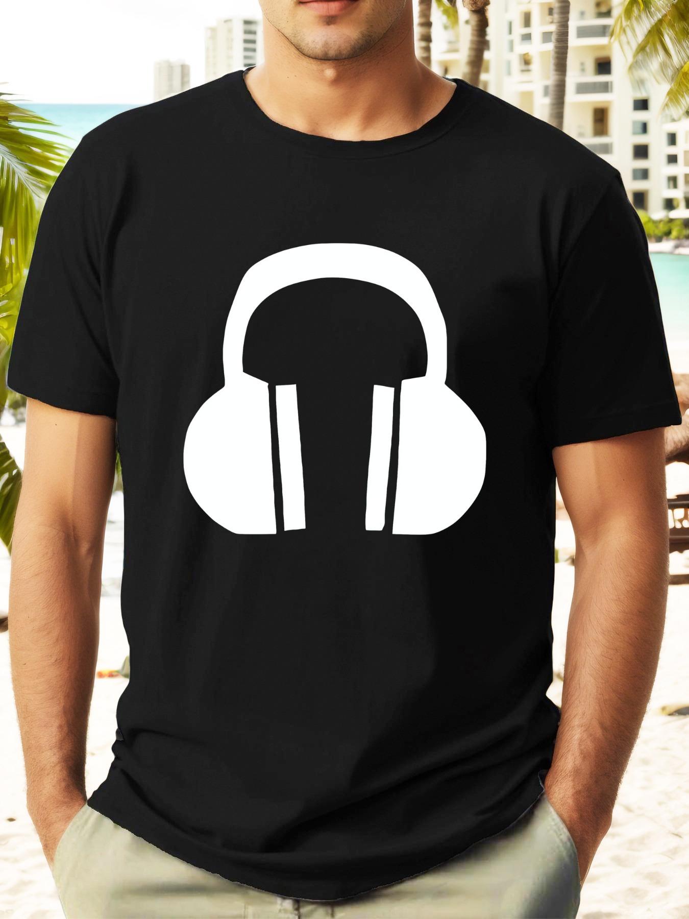 Stylish Black T-shirt with White Headphones Print - Casual Summer Short Sleeve Tee XXXXL