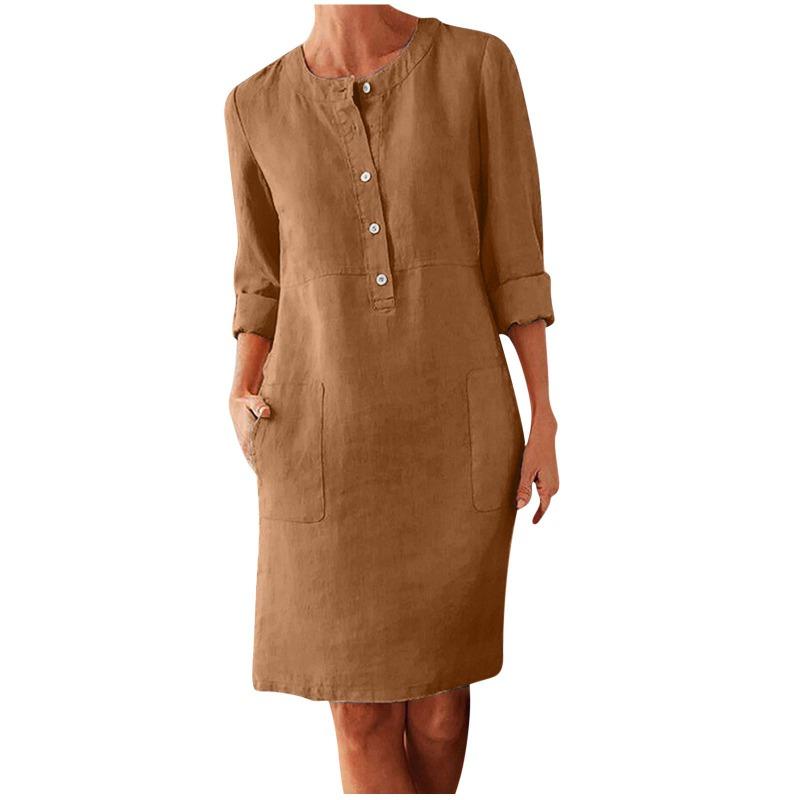 Large Size Women's Cotton and Linen Round Neck Long Sleeved Dress