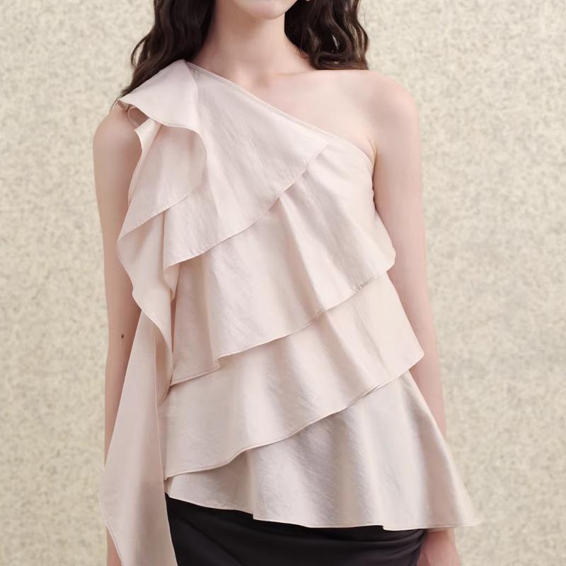 Someo Tencel Asymmetrical Ruffle Ribbon Shoulder Top Large