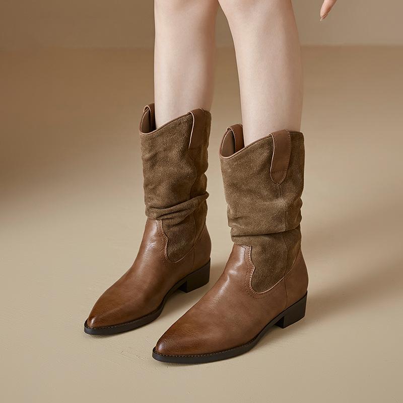 Cowhide brown western cowboy boots women's autumn and winter new pointed middle tube Maillard knight pile thick heel Martin boots