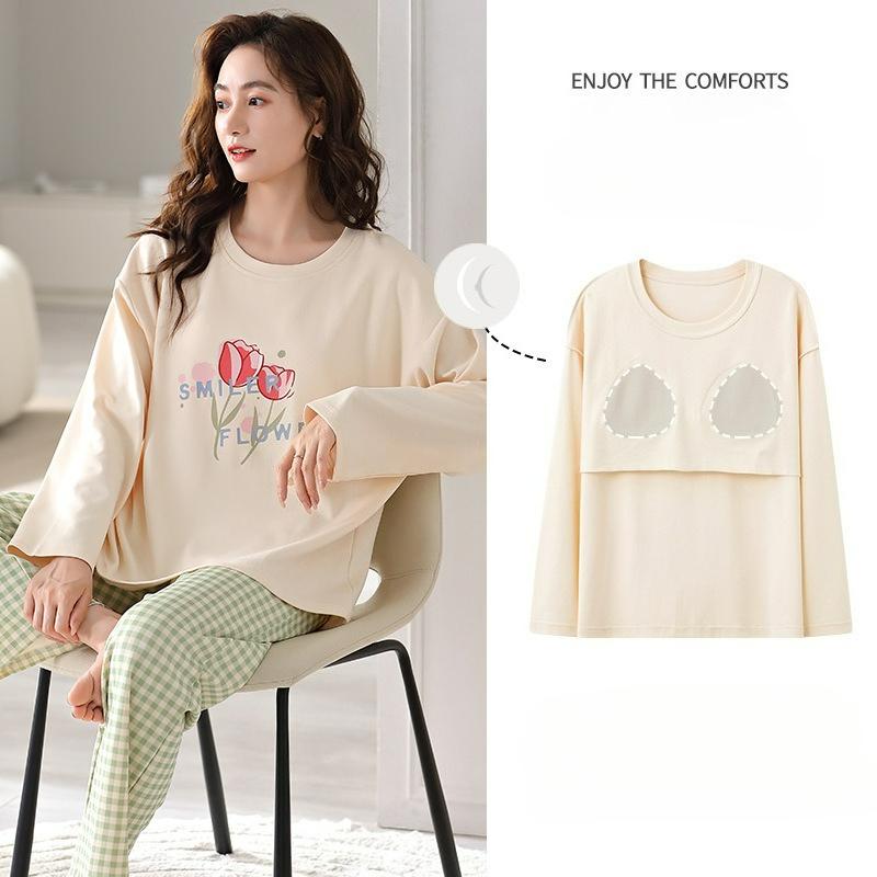 Pajamas with Chest Pads, Women's Spring and Autumn Long-sleeved Cotton Round Neck, Loose, Comfortable and Casual, Can Be Worn Outside Home Service