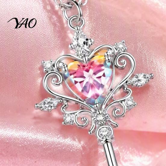 Sweet And Cool Aesthetic Accessories Magic Key Pendant Necklace, Pink Cubic Zirconia Heart Delicate Collarbone Chain for Girls Rhinestone Fairy