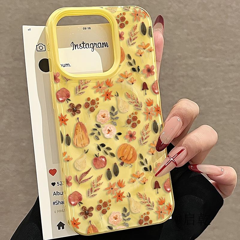 Custodia per Telefono con Texture Piegata e Motivi Floreali e Vegetali Autunnali per iPhone 16 15 14 17 Air 12 13 Pro Max 16 Plus Cover Morbida