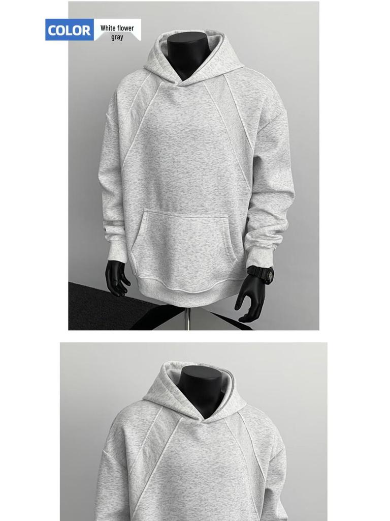 American Style Grey Deconstructed Patchwork Men's Hoodie, Spring/Autumn Trend, High Neck, Socially Anxious Persona, Fashionable Outerwear