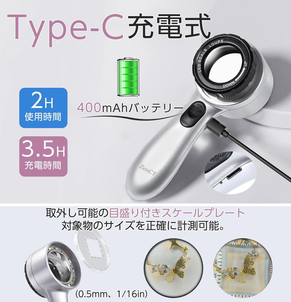 ZenCT Handheld Magnifying Glass, 30x Magnification, 3.3cm Diameter Lens, Jewelry Loupe with UV Light, 4 Color Temperature LEDs, Adjustable Focal