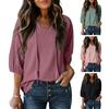 Women T-shirt V-Neck Jacquard Decor 3/4 Sleeves Pullover Tops Solid Color Loose Fit Tops Party Daily Wear