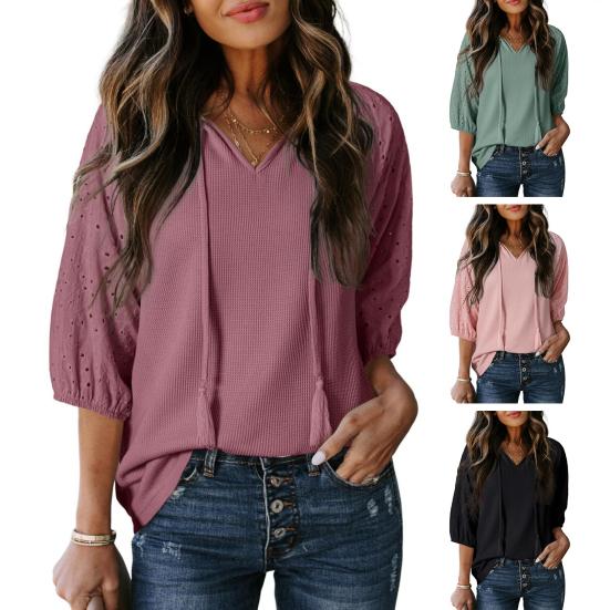 Women T-shirt V-Neck Jacquard Decor 3/4 Sleeves Pullover Tops Solid Color Loose Fit Tops Party Daily Wear