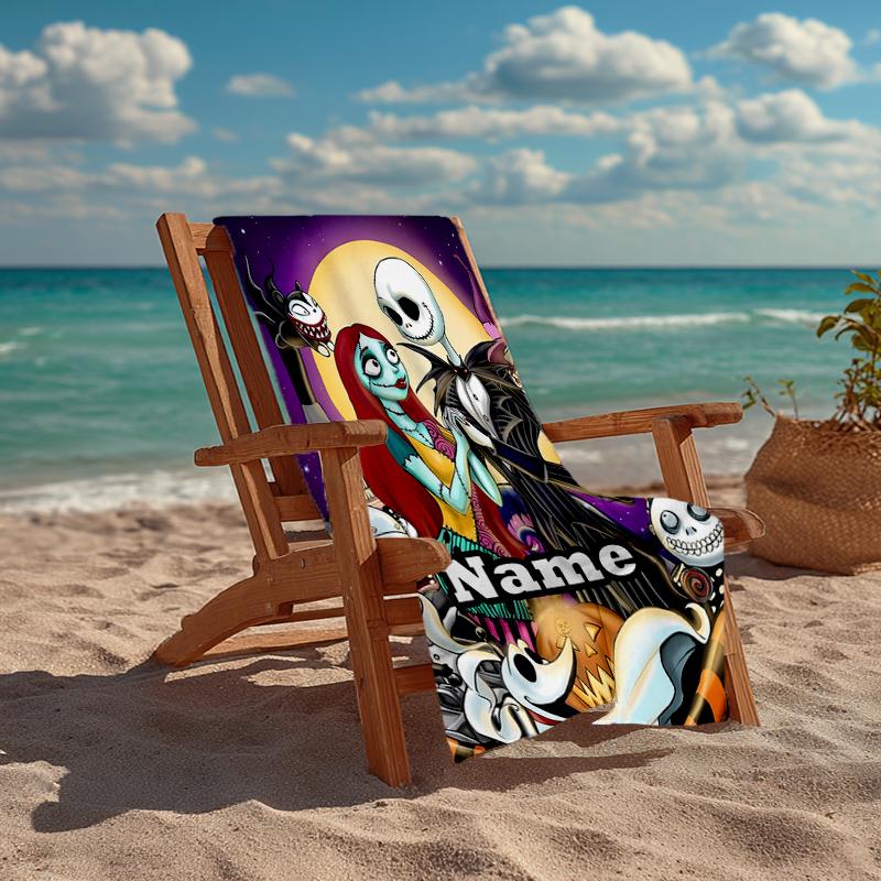Custom Name Ultra-Soft Beach Towel with The Nightmare Before Christmas Theme,Ideal for Pool - Camping, Diving - Perfect Travel Essential, Vibrant Beac