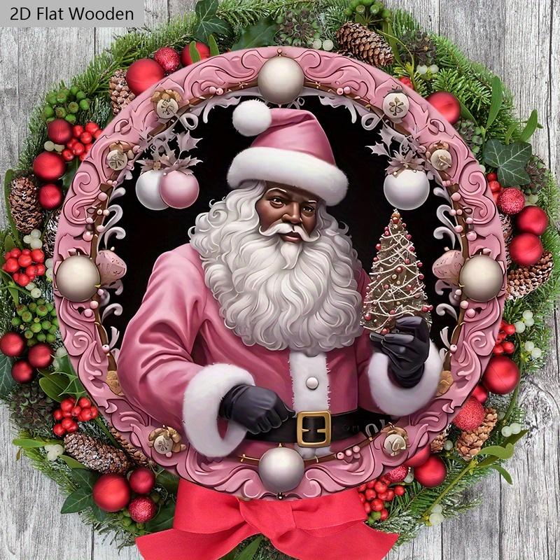 Pink Christmas Wooden Sign with Black Santa Claus Pattern - Navidad Round Sign for Yard Door Wall Hanging Decor - Ideal Christmas Decoration