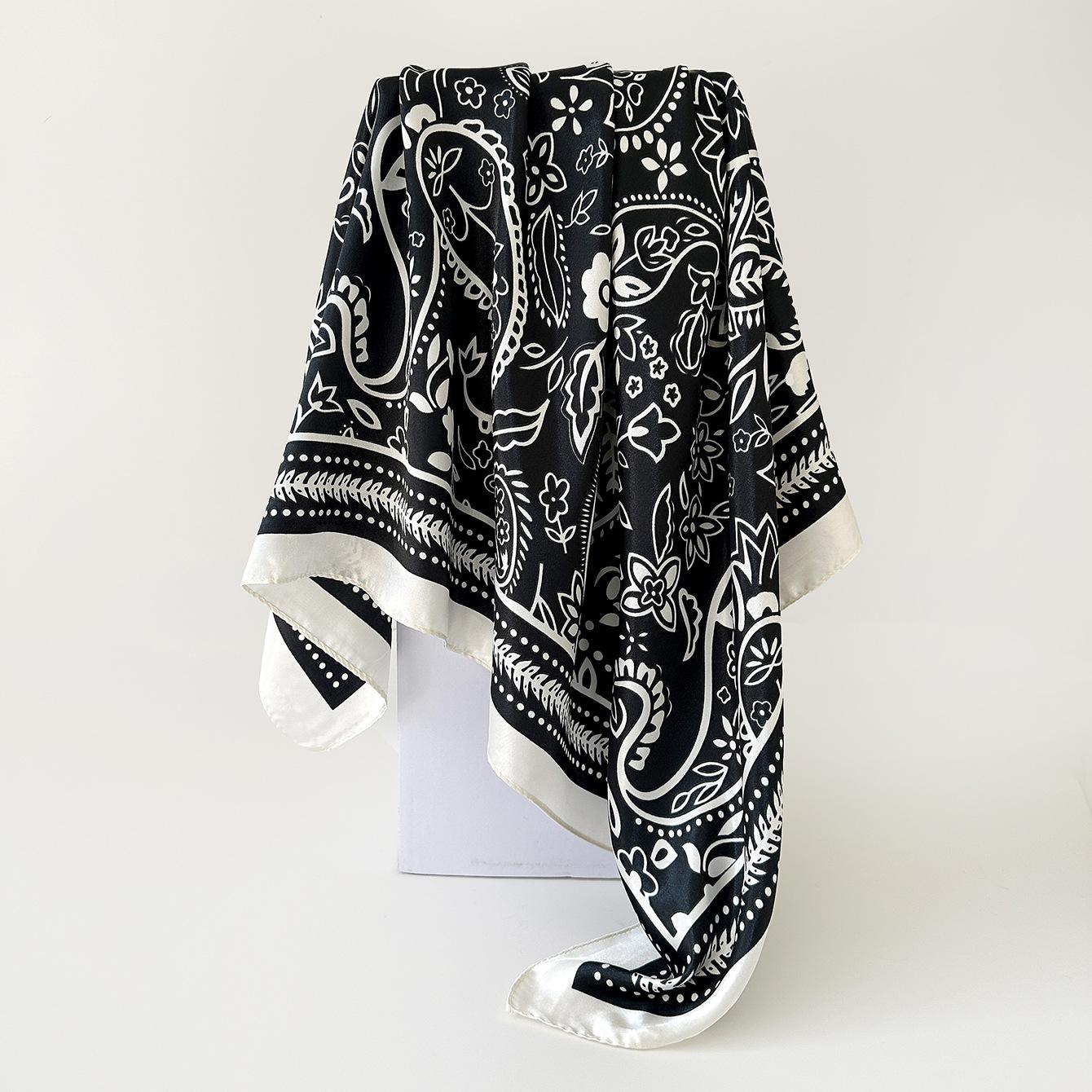 New Satin Scarf for Women: Large Scarf with Floral Print, Wraparound Headscarf, Cashew Flower Design 90*90cm