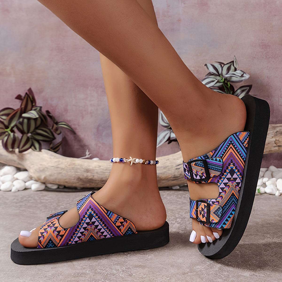 

Женские летние сандалии на плоской подошве, модные комплекты обуви с защитой от скольжения в этническом стиле, повседневная пляжная обувь для отдыха на открытом воздухе 42 синий