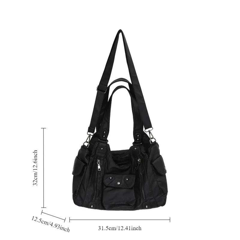 Women's Fashion Washed Distressed Y2K Hot Girl Motorcycle Bag Large Capacity Multi-pocket Shoulder Crossbody Handbag