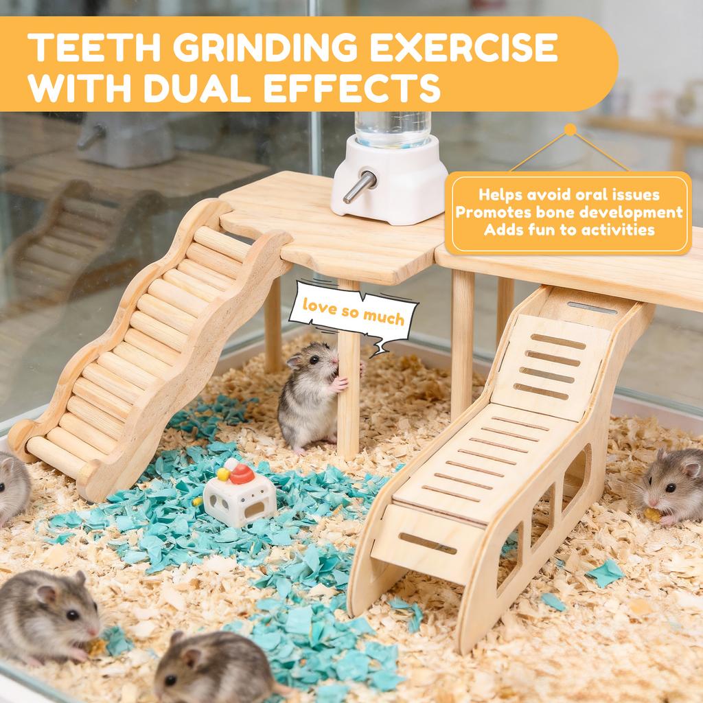 4Pcs Hamster Platform Natural Wood Hamster Climbing Toy with Ramp Tunnel Shelter Small Pet Resting Area Hamster Cage Accessories