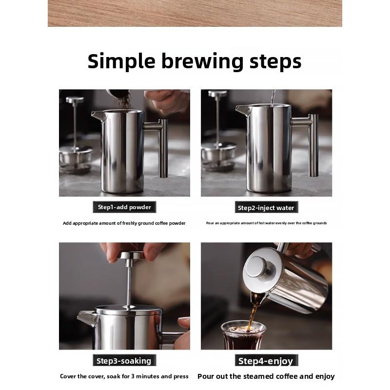 Inner and Outer 304 Stainless Steel Filter Coffee Maker with Double-layer Insulation for Keeping Coffee Warm. Pressing Coffee Maker.