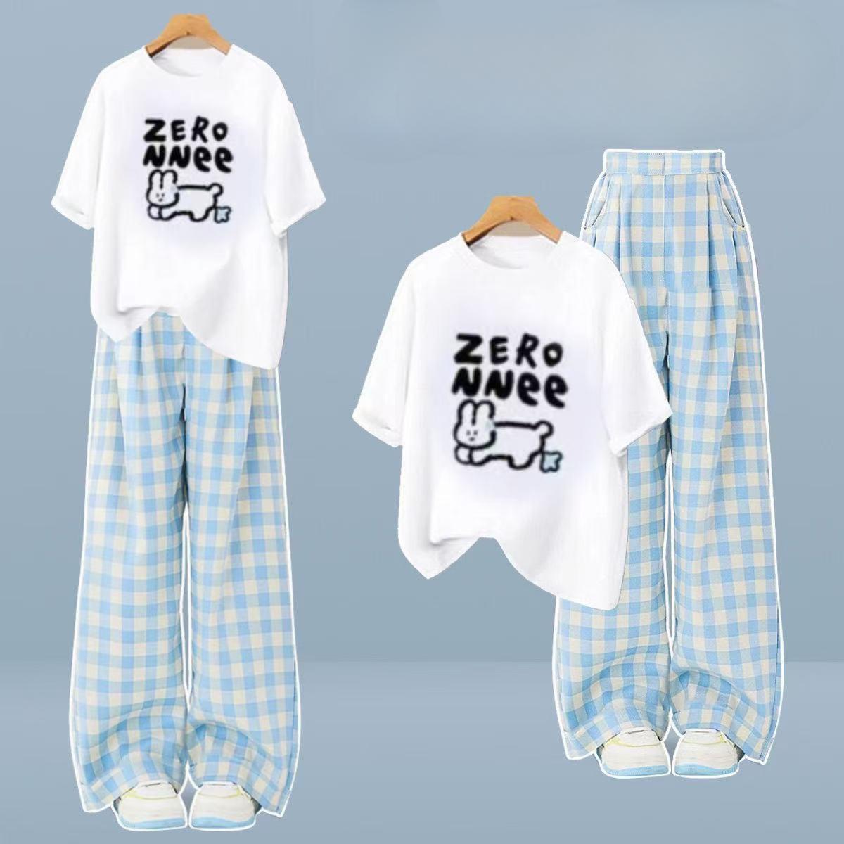 

Summer Suit Short-sleeved T-shirt Women Sweet Loose Casual Wide-leg Pants Two-piece Suit M