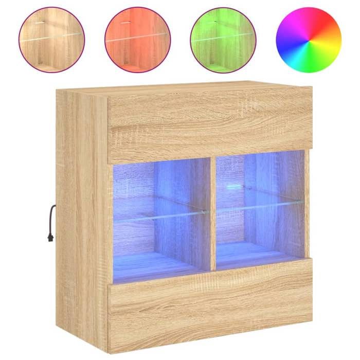 VidaXL Meuble TV avec Lumières LED, Armoire de Télévision Murale avec Étagères, Meuble Télé Suspendu Salon, Moderne, Chêne 837094
