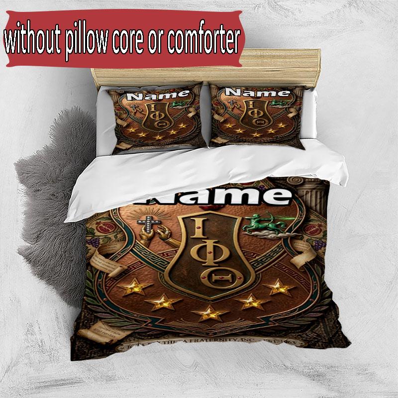3pcs Duvet Cover Set (1*Duvet Cover + 2*Pillowcase, Without Core), Custom Name Iota Phi Theta Pattern Bedding Set, Home Bedroom Decor Gift
