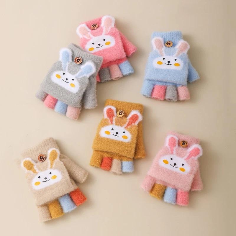 Kid's Warm Thick Flip Half Finger Gloves Boys Girls Winter Warm Gloves Cartoon Cute Rabbit Gloves Daily Crawling Outing Gloves