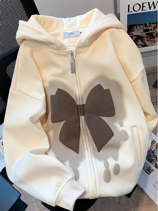 Women's Fashion Bow Hooded Sweatshirt & Cardigan - Trendy Polyester Long Sleeve for Spring/Autumn