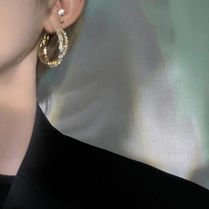 C-shaped double-layer zircon earrings light luxury fashion versatile earrings temperament advanced sense niche design earrings women