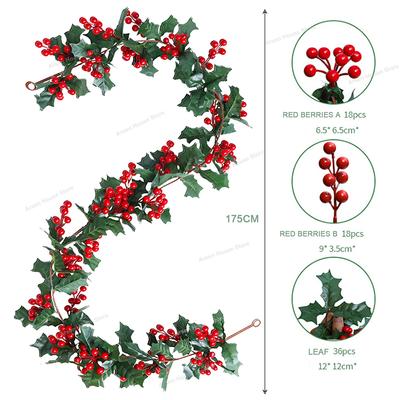 Red Berry Christmas Garland, 175cm Flexible Artificial LED Wreath for Indoor Outdoor Fireplace Stairs Table Winter Holiday Decor