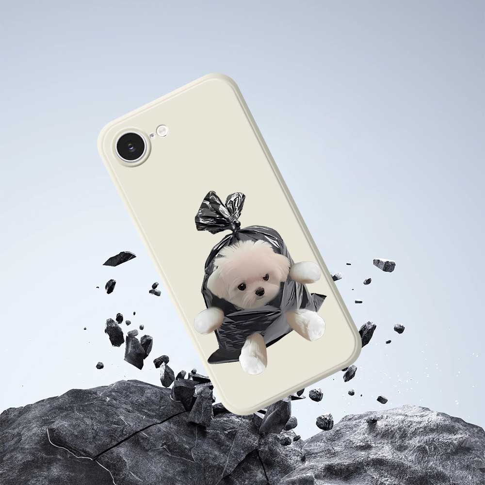 For iPhone 16e Case Garbage Bag Dog Pattern Printing Straight Edge TPU Phone Back Cover