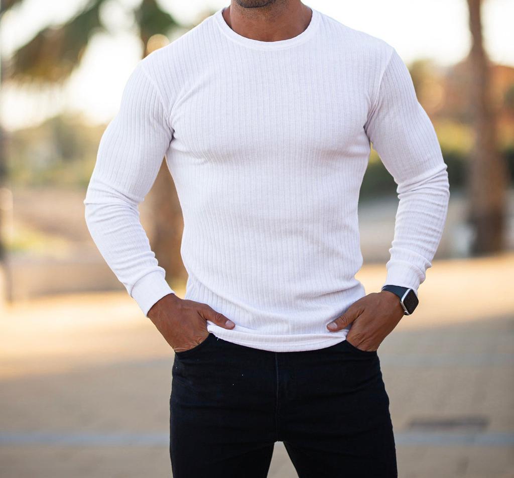 Men Casual Sports Fitness Elastic Vertical Stripe Round Neck Long Sleeve T Shirt