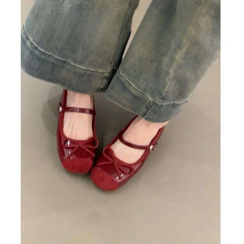 Red inner height increase Mary Jane shoes women's flat-bottomed shallow mouth ballet shoes one-word belt grandma shoes