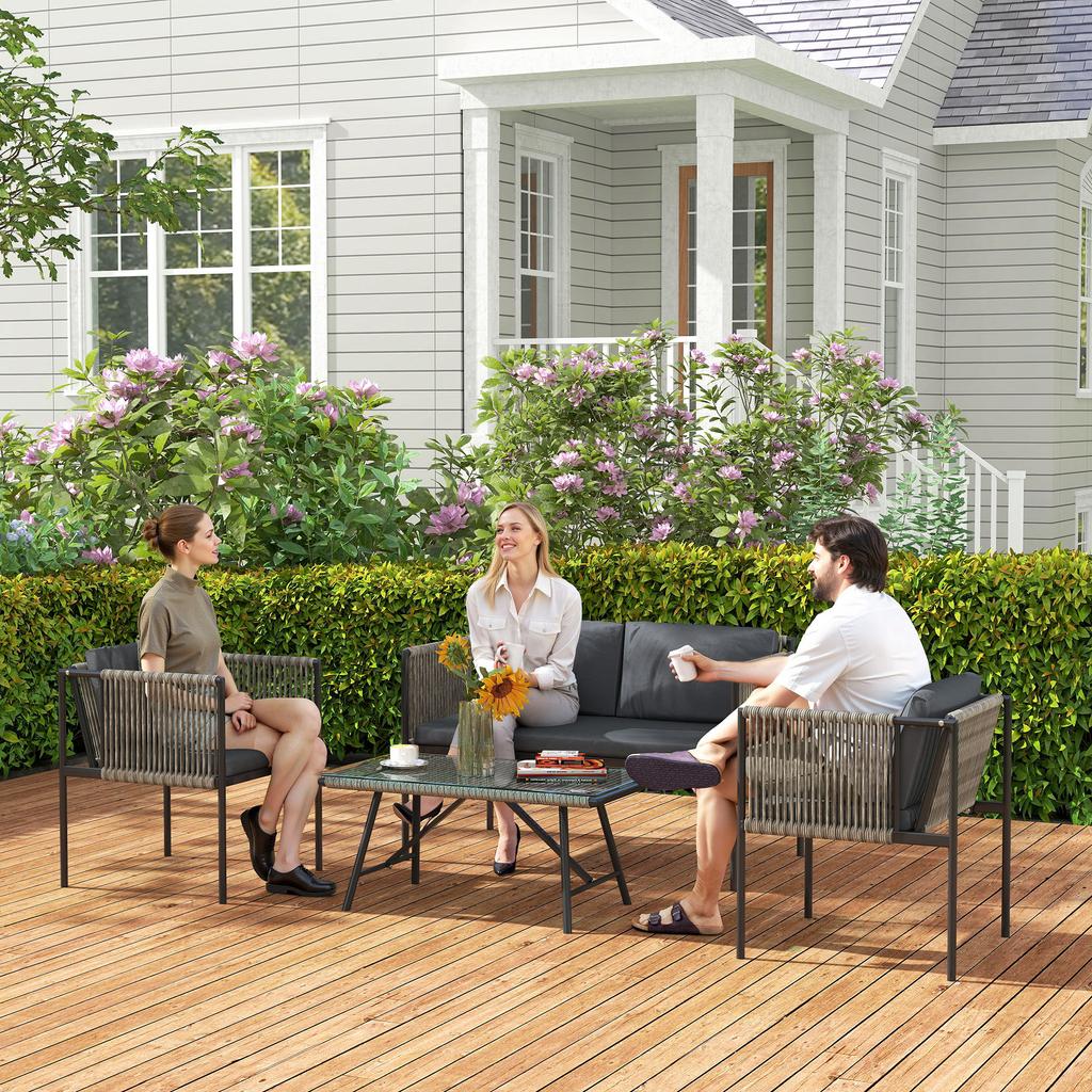 4-Piece Garden Furniture Set, 1 Sofa, 2 Armchairs, 1 Table with Glass Top, Cushions, Steel Frame, Plastic Rattan, Gray