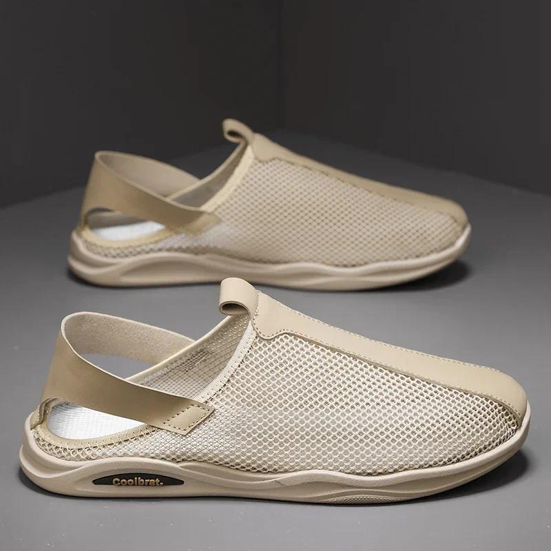 

Men s Summer Sandals Comfortable Outdoor Breathable Casual Shoes 2025 Summer Beach Shoes Flat Business Soft Mesh Leather Sandals 44 бежевий