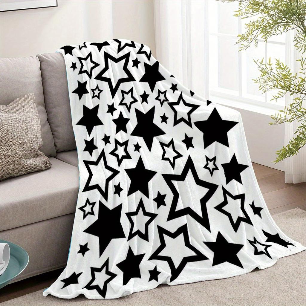 Sternenmuster Flanell-Kuscheldecke – Schwarz-Weiße Fünfzacksterne, Weiches Gemütliches Fleece für Zuhause, Büro, Sofa & Auto