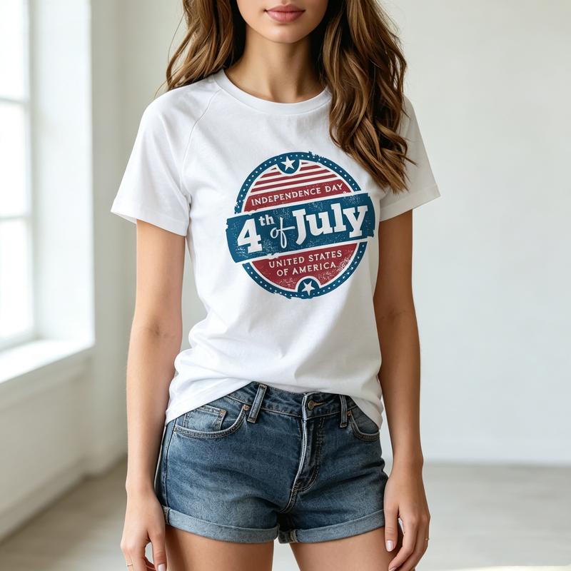Patriotic 4Th of July Badge Tee American Flag Print Unisexs Cotton Short Sleeve Casual Holiday Oversized T Shirt Y2k Clothes