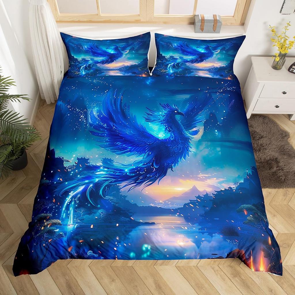 Colorful Phoenix Duvet Cover Set Cartoon Birds Bedding Set Full King Size Microfiber Flame Wings Comforter Cover For Boys Girls
