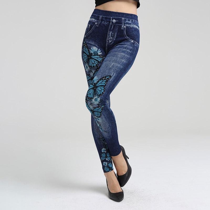 Frauen Imitation Denim Jeans Leggings Casual Hohe Taille Dünne Elastische Sport Push-Up Nahtlose Druck Schmetterling Bleistift Hosen