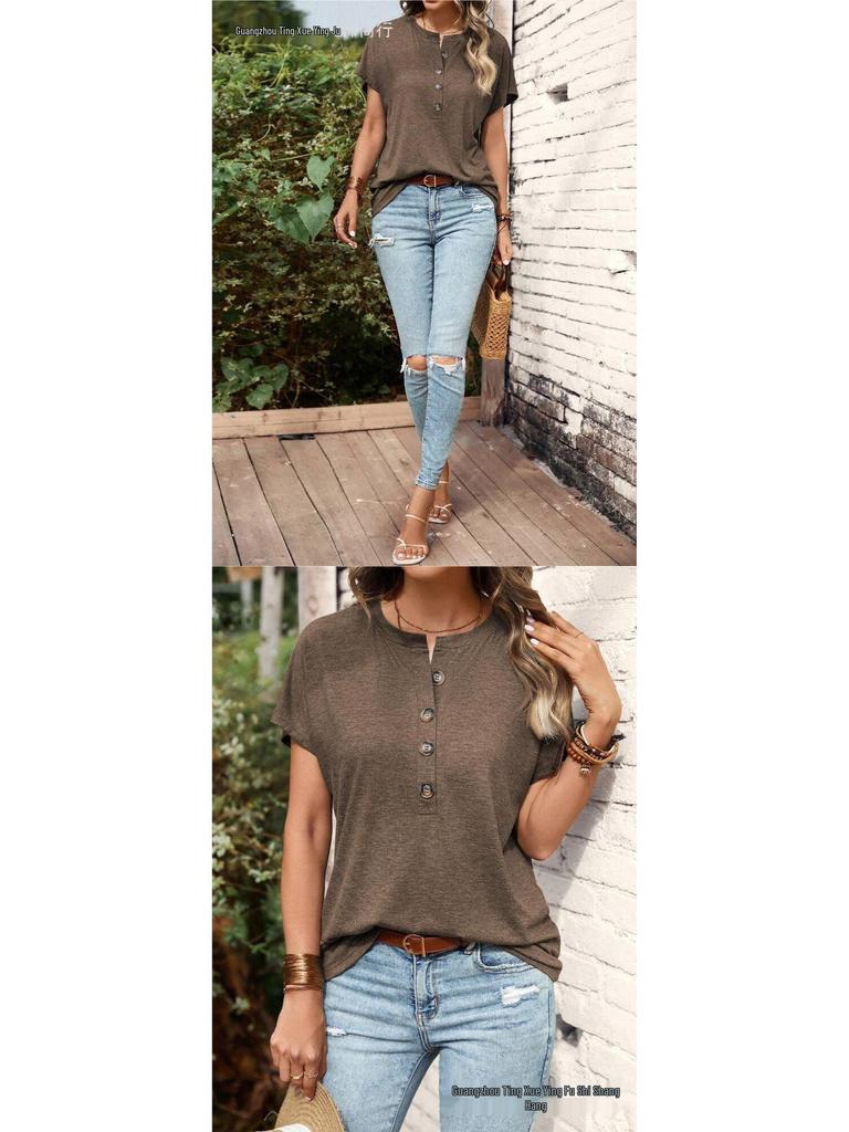 Women's European & American Style Solid Color Button Fashion Short Sleeve T-shirt for Spring/Summer