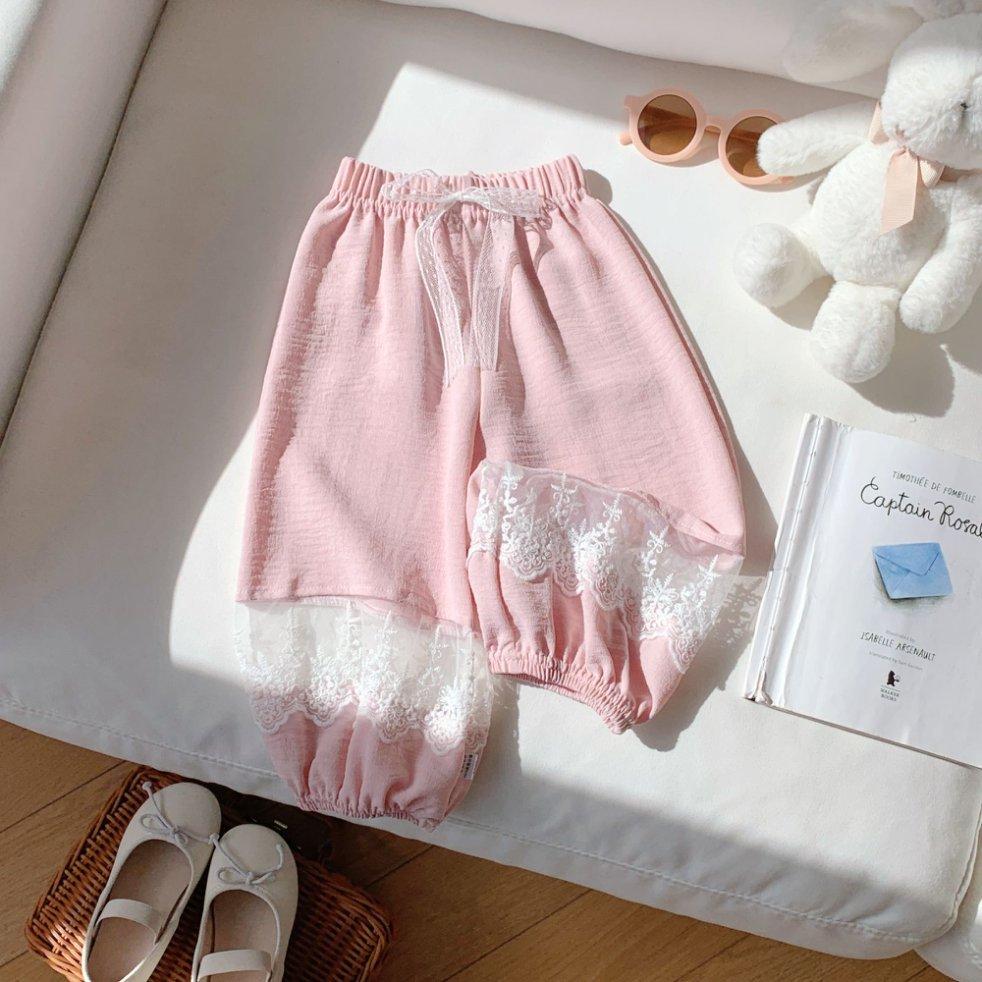 Children's Korean Pants with Lace Patchwork Mosquito Repellent Versatile and Sweet Drawstring Casual Pants