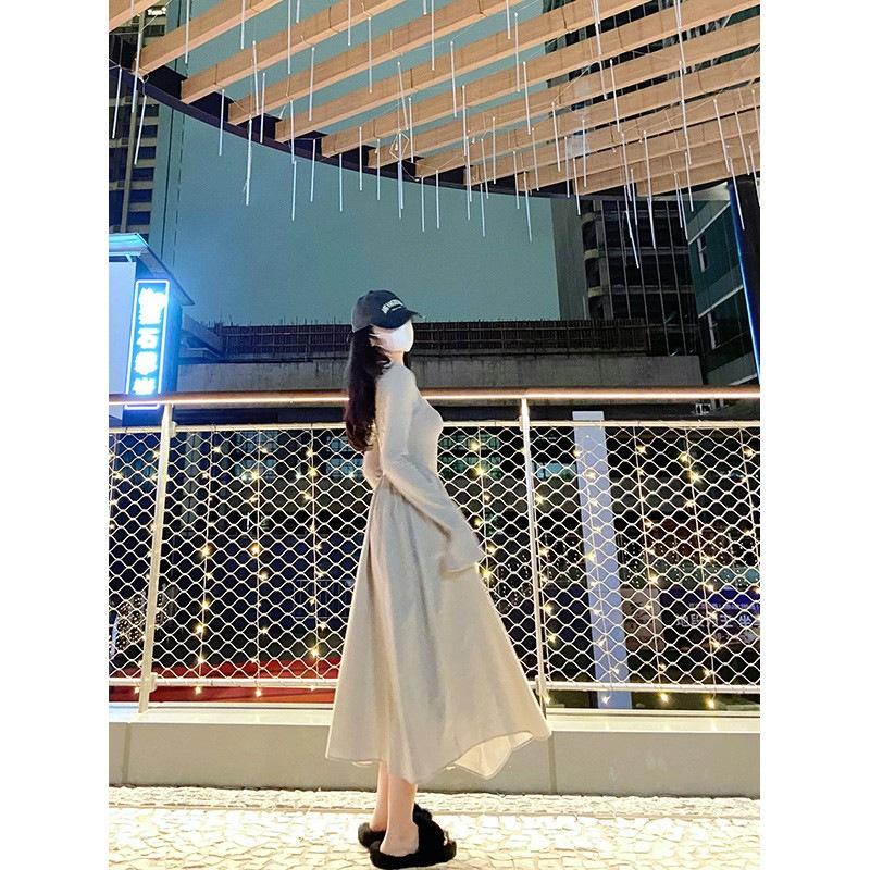 French square collar dress women's autumn feeling skirt temperament waist thin long sleeve A-shaped skirt niche long skirt