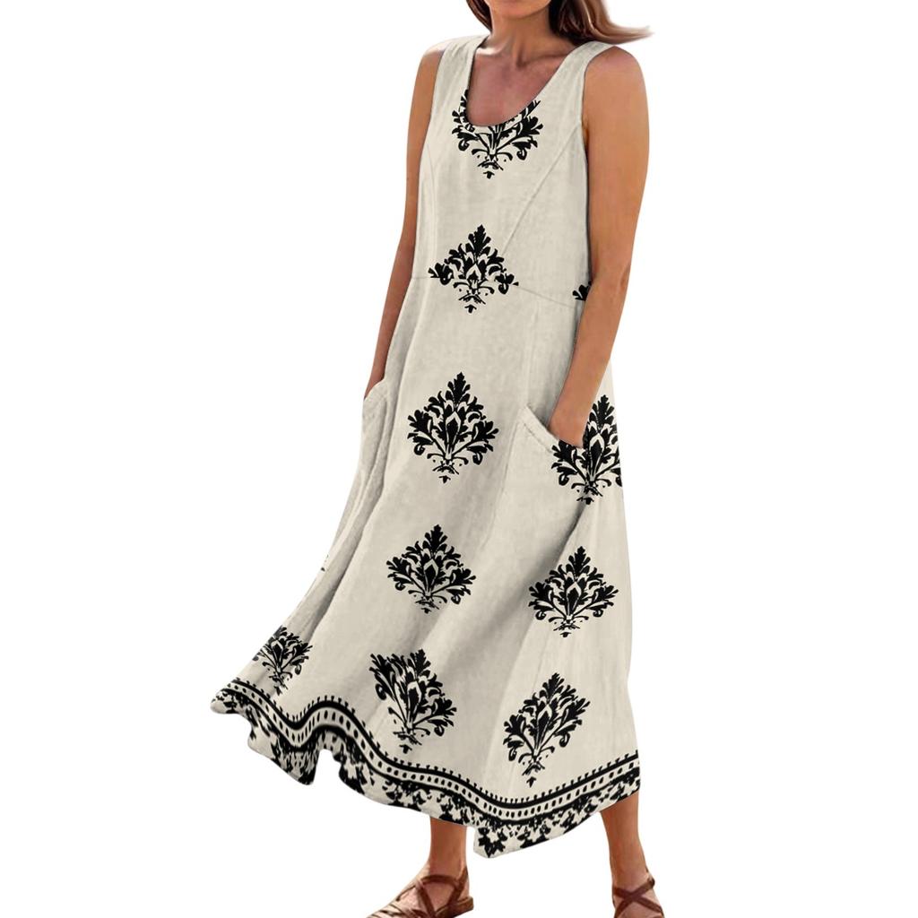 Dámské letní ležérní módní šaty bez rukávů s květinovým potiskem a kapsou