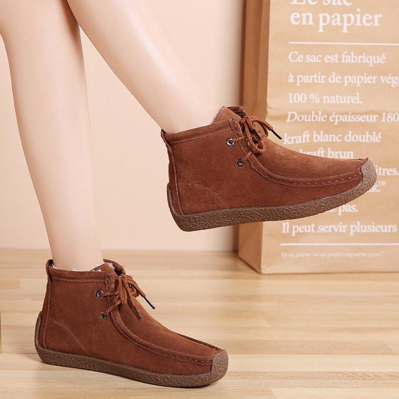 Plush Warm Women Short Boots Retro Cow Suede Flats Casual Walking Shoes Winter Snow Boots Soft-soled Mother Shoes