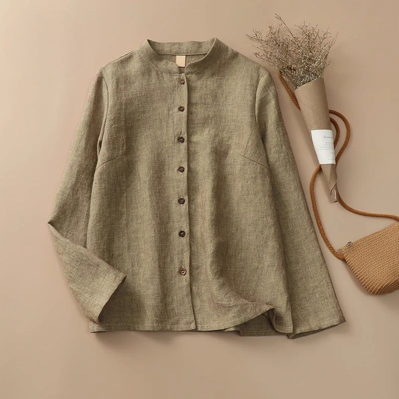 Hemp Shirt Women's Autumn and Winter New Stand-up Collar Top Literary Retro Shirt Casual