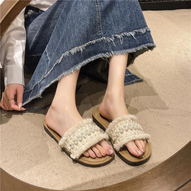 Fashion Hot Selling Summer Fashionable Sexy Light Casual Women's Shoe Comfortable Square Head Pearl Decoration Solid Color Flat Slippers