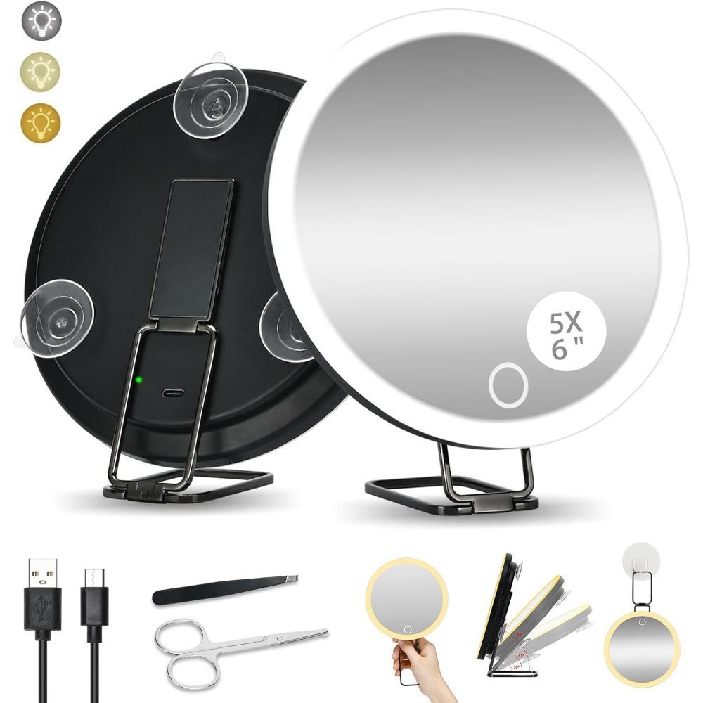 Rechargeable 6-Inch Makeup Mirror with 30x Magnification, LED Fill Light, 360° Bracket, and 3 Suction Cups