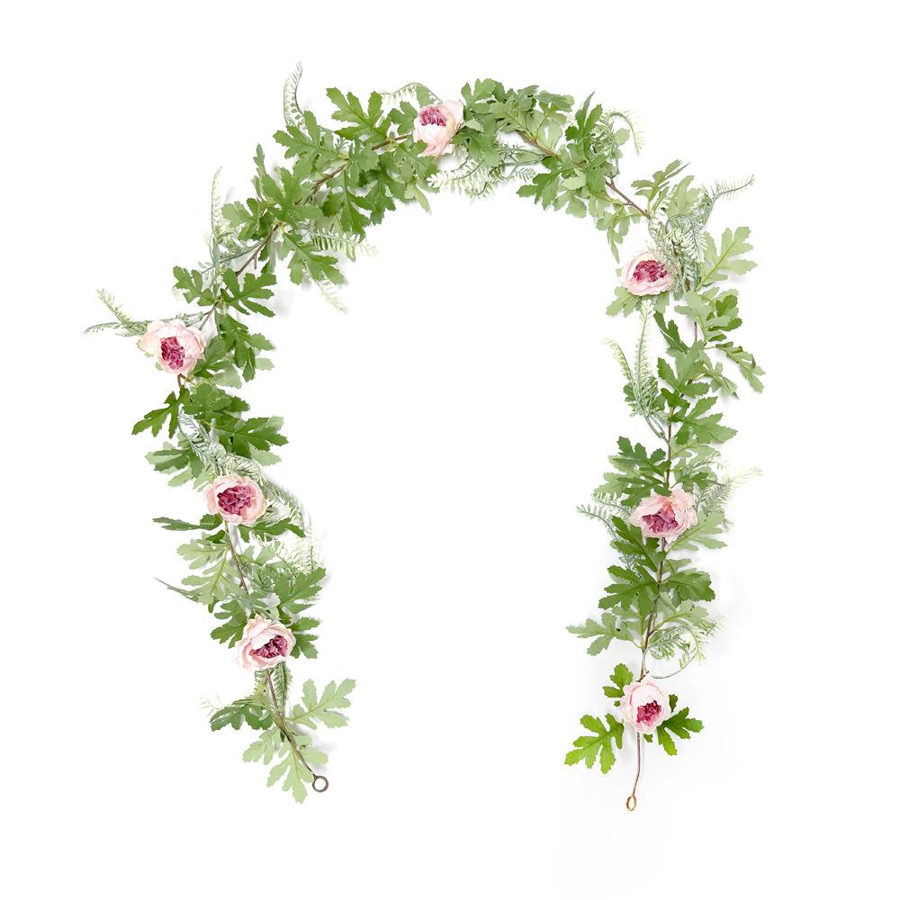 Artificial Simulation of Green Plants On The Home Dining Table of Pteris Multifida Paeonia Suffruticosa and Rattan