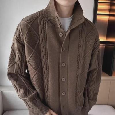 Men's 2023 Autumn/Winter Korean Style Chunky Knit Cardigan - Loose Fit, Solid Color Sweater Jacket