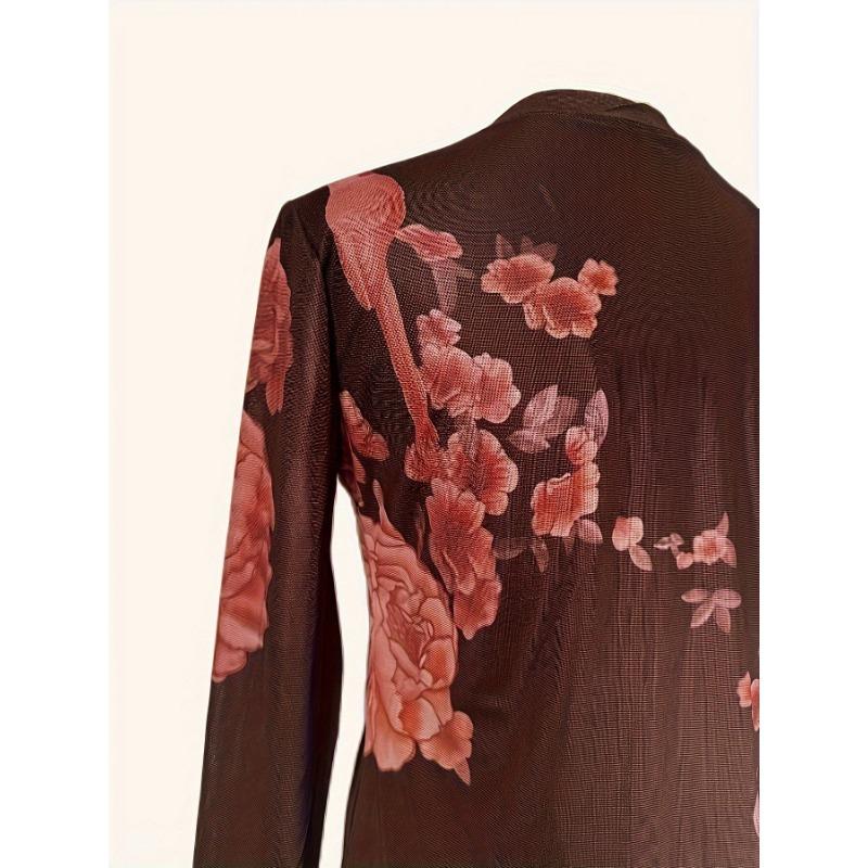 Floral Print T-Shirt for Women High Elasticity Crew Neck Long Sleeve Top with Semi-Sheer Floral Design, Spring/Fall Casual & Formal Wear