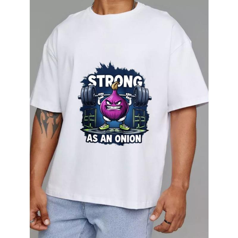 White T Shirt Strong As An Onion Cartoon Onion Lifting Barbell Gym Motivation Design for Fitness Enthusiasts and Workout Clothes