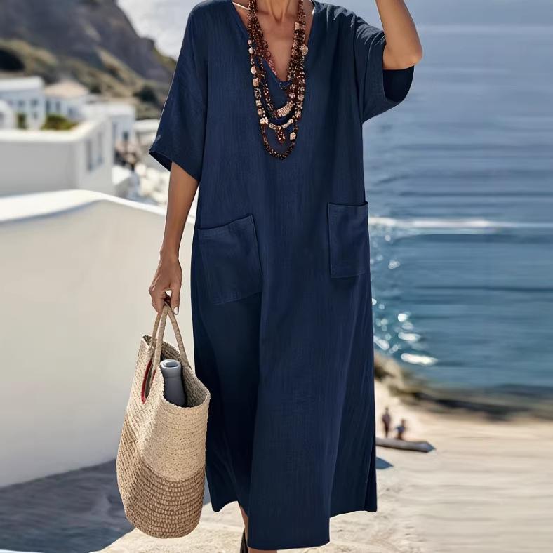 Vestido de Verano Nuevo Estilo Color Liso Holgado Cuello en V Manga Corta