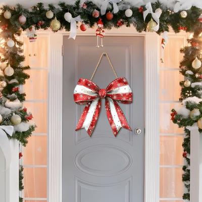 Christmas Bow Wooden Door Sign 12 Inch Large Bow Hanging Welcome Sign Vintage Wall Art Door Hanger for Girls Room Dorm Apartment Porch Decor