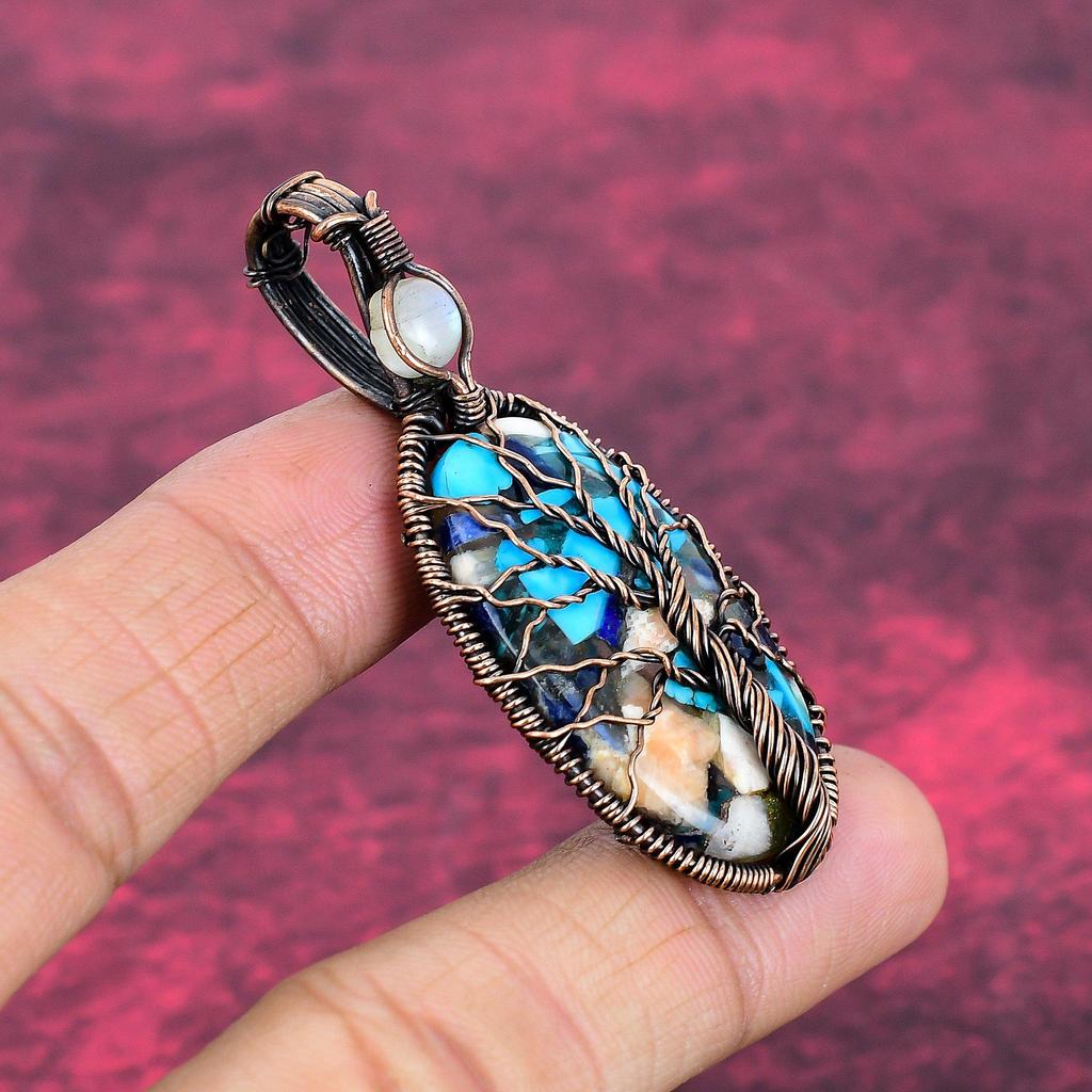 Tree Of Life Copper Blue Turquoise Pendant Copper Wire Wrapped Moonstone Jewelry